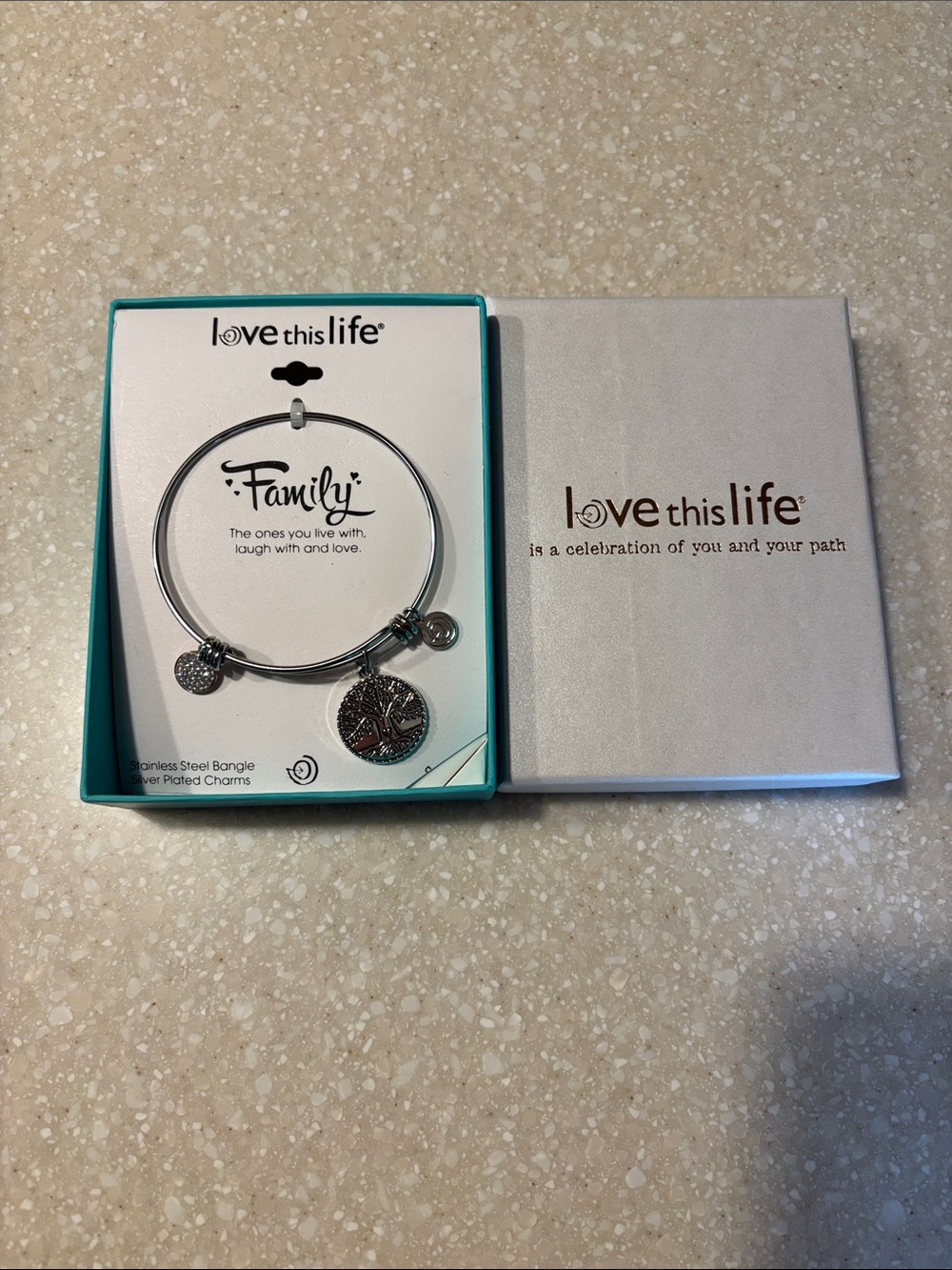 Love This Life Silver Family Tree Charm Bangle Bracelet